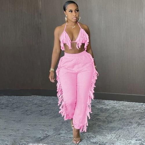 Sexy Tassel Two Piece Set Women Backless Halter Bra Crop Top Sweatpants Matching Sets Clubwear Party Birthday Outfits Co-ord Set