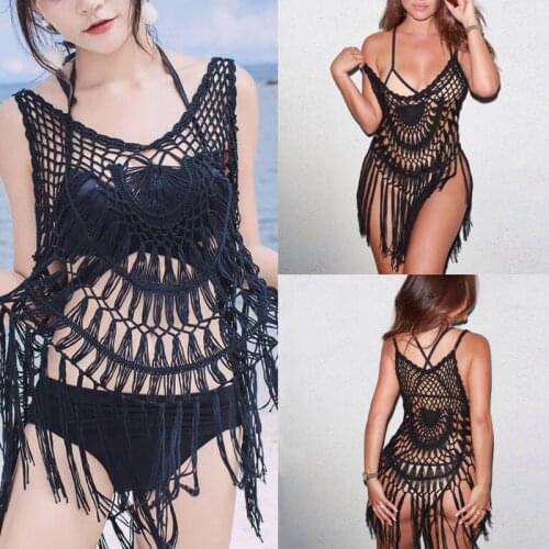 Meihuida Swimwear Beach Women Crochet Knitted Swimwear One Piece Swimsuit Tassels Beach Dress Bikini Kaftan Cover Up Dress S-XL