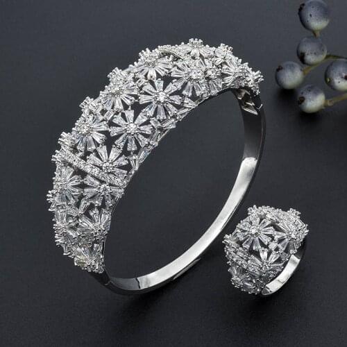 ModemAngel Luxury Trendy Flowers Super AAA Cubic Zirconia Geometry Dress Engagement Party Gift Bangle And Ring Set