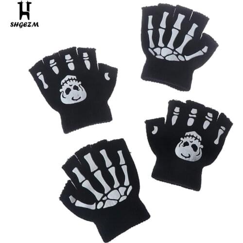 Fashion Cool Boys Cool Fluorescent Skeleton Gloves Children Mittens Skull Gloves Winter Black Knitting Luminous Gloves