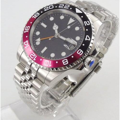 40mm DREAMRUI black dial Sapphire glass red black bezel Luminous jubilee Orange GMT automatic mens watch