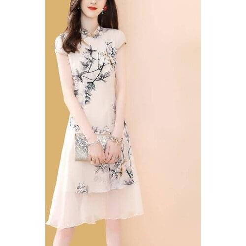 Plus Size Printed Improved Cheongsam Dress Women Summer New Buckle A-Line Qipao Dress Retro Printed Chiffon Knee-length Dress
