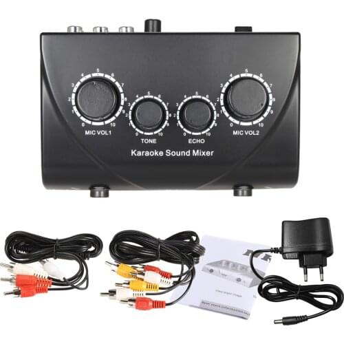 Portable Karaoke Sound Audio Stereo Echo Mixer Dual Microphone Inputs & RCA Cable Power Adapter for TV PC Smartphone Amplifier