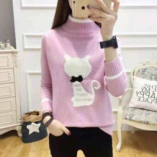 2019 Autumn Knitted Female Warm Turtle neck Pullover Sweaters Girls Long Sleeve Teenage Pull Jumper Fashion Cute Cat Chic Tops