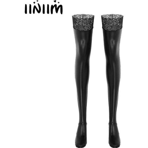 Iiniim Womens Girl Sexy Stockings Lingerie Wet Look Clubwear Leather Lace Latex Stockings Thigh High Stay Up Overknee Long Socks