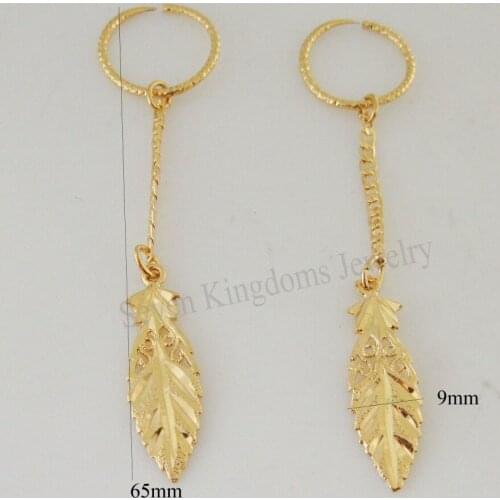 YELLOW GOLD GP PLATED SOLID FILLED BRASS LEAF DANGLER CARVED TALL 2.56" EARRING