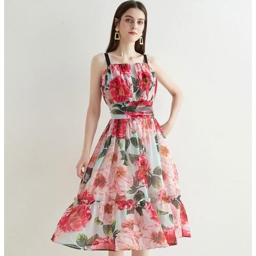 Spaghetti Strap Summer Chiffon Dress Women Floral Print Party Dress High Waist A-Line Loose Ruffles Long Dress Backless k386
