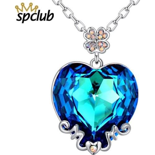 SPCLUB Crystals from Swarovski Necklaces Fashion Jewelry for Women Pendant 2018 Blue Rhinestone Luxury Set Heart Statement Gift