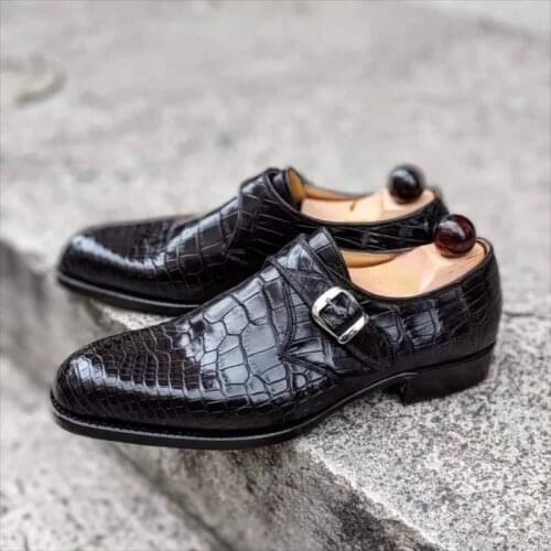 Mens Classic Black Pattern Pointed Toe Single Buckle Low Heel Comfortable Fashion Business Casual Monk Shoes ZQ0011
