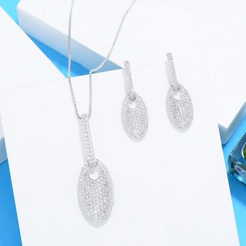 High Quality Fashion Long Chain Cute Oval Necklace Drop Earrings Jewelry Sets For Women Luxury CZ Party Weddings Jewelry Sets
