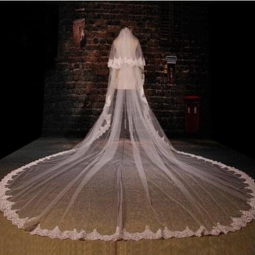 2021 New Wedding Veils Cathedral Length Applique Edge Lace with Comb Blusher 2 Layers Hair Accessories Bride Bridal Veil Velo