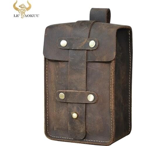 Crazy Horse Leather men Design Small Cowhide Vintage Hook Hip Bum Bag Fanny Waist Belt Pack Cigarette Case 6" Phone Pouch 1607