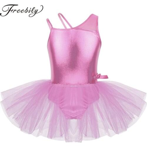 Kids Teens Mesh Ballet Tutu Dress Ballet Gymnastics Leotard for Girls Children One-piece Glossy Stage Dance Wear Costumes