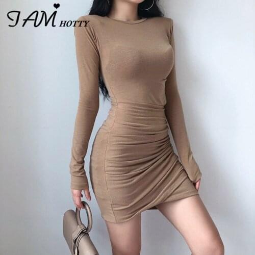 Draped Pleated Frill Retro Solid Dress Women Spring Long Sleeve Casual Korean Fashion Style Khaki Black Dresses Party Iamhotty