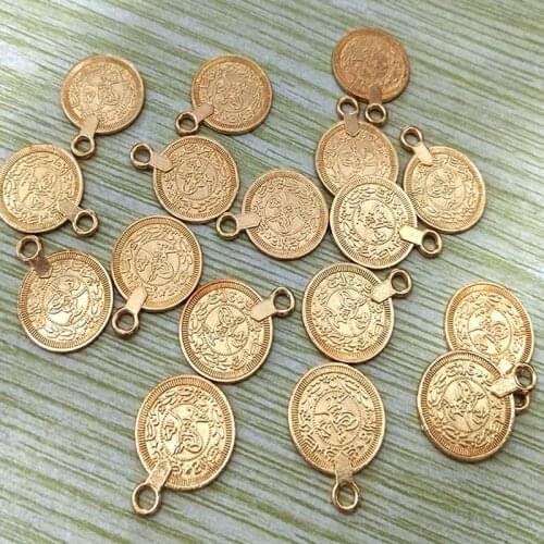 Gypsy Boho Beachy Chic Carving Flower Gold Color Coin Charms for Jewelry Making Necklace Ethnic Turkish Tribal DIY Pendant