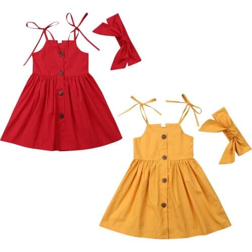 1-6T Fashion Baby Girl Summer Dress Party Sleveless Button Sundress Toddler Kids Girls Sling Dresses with Headband