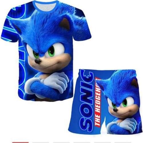 2021 Summer Clothing Set Toddler Boys and Girls Top + Shorts 2-piece Suit Sonic 3D Print Suit Sports and Leisure Set 4 to 14 Y