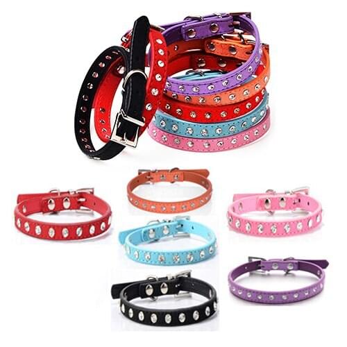 Hot! Clear Rhinestone Adjustable Faux Cow Suede Small Dog Puppy Cat Buckle Collar