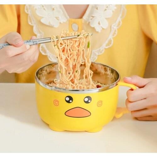 Kawaii Duck Ramen Bowl Double Stainless Steel Large Capacity Student Bento Box Instant Noodles Bowl With Cover Kitchen Tableware