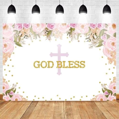 Mehofoto God Bless Theme Backdrop for Photography Pink Flower Photo Background Red Cross Golden Birthday Baby Party Backdrop