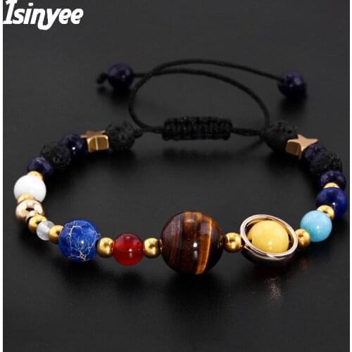 ISINYEE Fashion Universe Galaxy Beads Bracelet For Women Men Lava Black Natural Stone Jewelry 7 Chakra Prayer Bracelet Gift