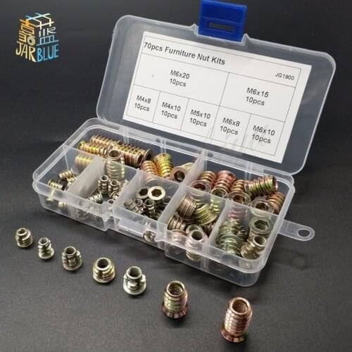 70pcs Zinc Alloy Furniture Wood Hex Socket Drive Threaded Insert Nut Assortment Kits