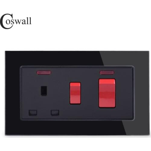 COSWALL 45A DP Wall Cooker Switch + 13A BS UK Standard Switched Socket With Neon 3x6 Size Crystal Tempered Glass Panel Black