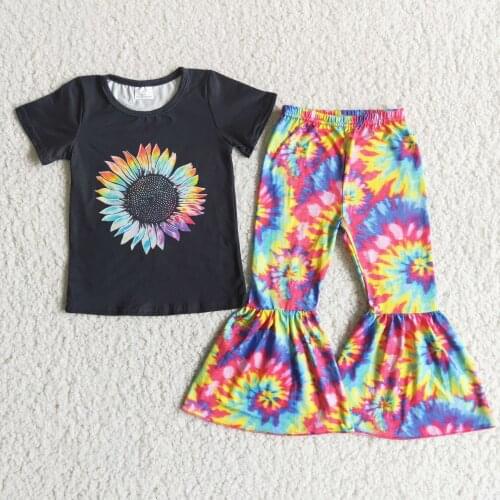 Fall/Winter Baby Girls Short Sleeve Black Background Colorful Sunflower Shirt Tie Dye Bell Bottom Pants