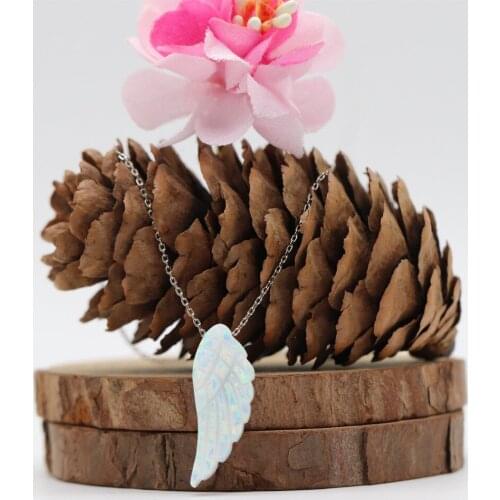 1pc/lot)Free shipping 925 Sterling Silver Jewelry 9.6*24.8mm white Op17 Synthetic Opal Left Wing Necklace For girl necklace