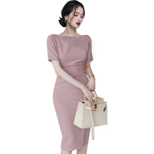 Pink knit tight one piece dress korean ladies Summer Short Sleeve Cabaret office party Dresses for women