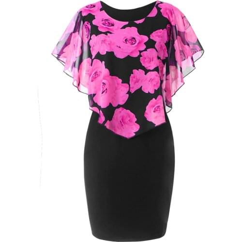 Sexy Women Floral Dress Mesh Summer Casual Chiffon Stitching Floral Print Shawl Slim Mini Dress 5XL Plus Size