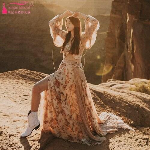 Printed Chiffon Lace Wedding Dresses Lantern Sleeve Unique A Line Bohemian Bridal Gowns ZW487