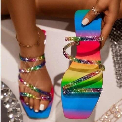 Rhinestone Women Sandals Rainbow Sparkly Beach Flip Flops Summer 2021