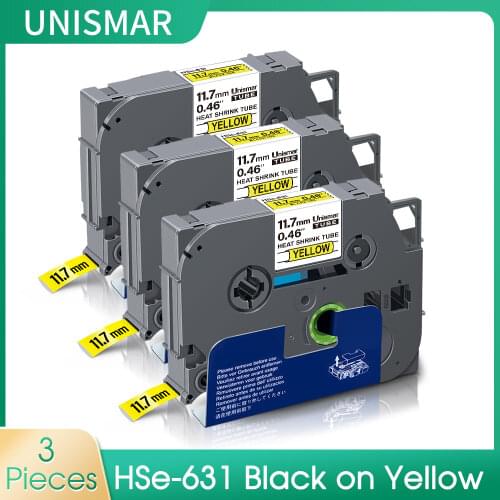 Unismar 3PK HSe-631 Cassette Heat Shrink Tube Tape 11.7mm Black on Yellow for Brother P-Touch PT-E500 E500VP PT-E550W E550WVP