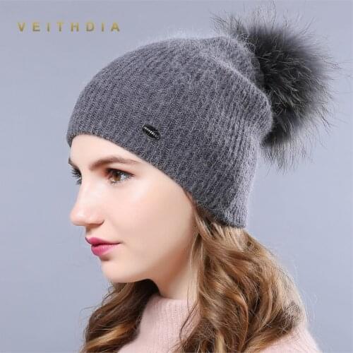 VEITHDIA 2019 Double layer Rabbit Fur Beanie Hat Women soft fox fur pompom Winter knitted Woolen Skullies Hat Cap Autumn Ladies