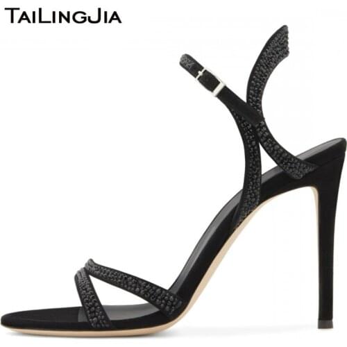 Gorgeous Black High Heel Sandals with Rhinestone Women Ankle Strap Crystal Heels Summer Party Evening Shoes for Ladies 2019