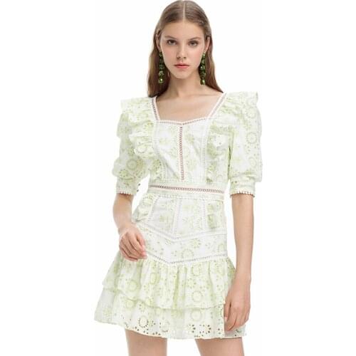 High Quality Womens Mint Hollow Out Cotton Dress 2021 Summer Square Collar Ruffles Trim Dresses vestido de mujer women clothes