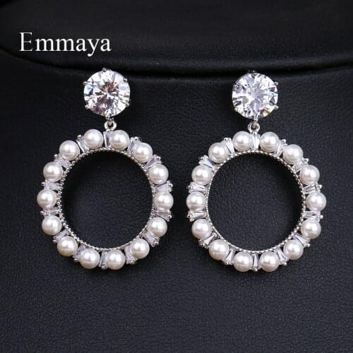 EMMAYA Zircons Classic Round Shaped Pearl Cubic Zirconia Crystal Bridal Earrings Wedding Jewelry For Brides Bridesmaid