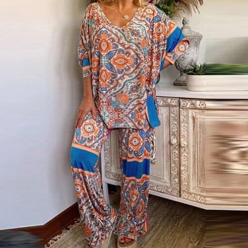 2021Spring V-neck Long Sleeve Top and Long Pants Homewear Suit Sexy Pajamas Two Piece Set Retro Pattern Ethnic Print Women Sets