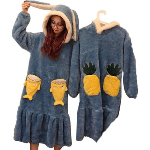 2019 new winter Korea hooded pajamas women pineapple pocket Flannel Pijama Sleepwear Nightwear Cute Sleeping shirts plus size