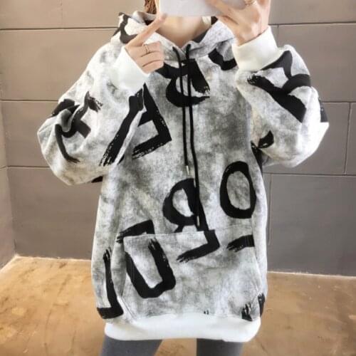 #2355 Front Pockets Letter Printing Sweatshirts Women Large Size Casual Loose Hoodies Sweatshirt Female Hooded Streetwear Autumn