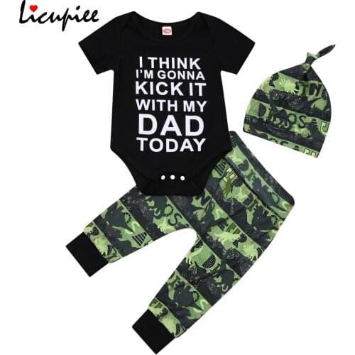 0-18 Months Letter Baby Boys Camouflage 3pcs Romper Set, Short Sleeve Letter Printed Triangle Bodysuit with Long Pants and Hat
