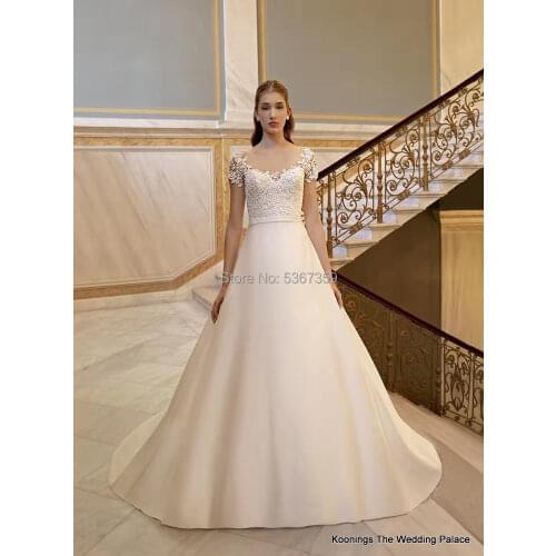 A Line Lace Top Satin Wedding-Dresses White Ivory Lace Up Back Wedding-Dresses Vestido De Noiva Court Train
