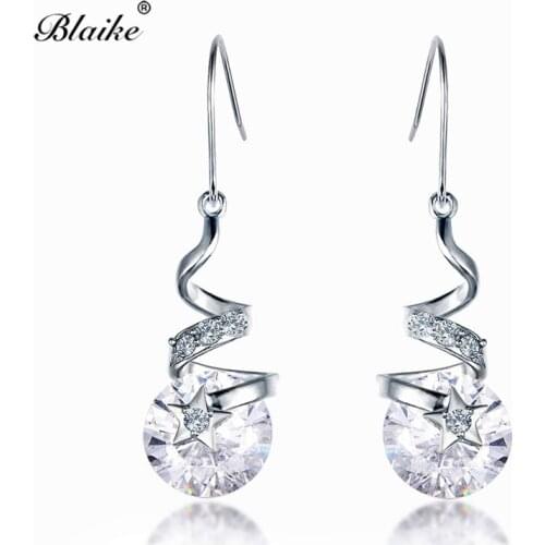 Blaike Spiral Design White/Red Zircon Star Drop Earrings for Women Fashion Silver Color Birthstone Dangle Earrings