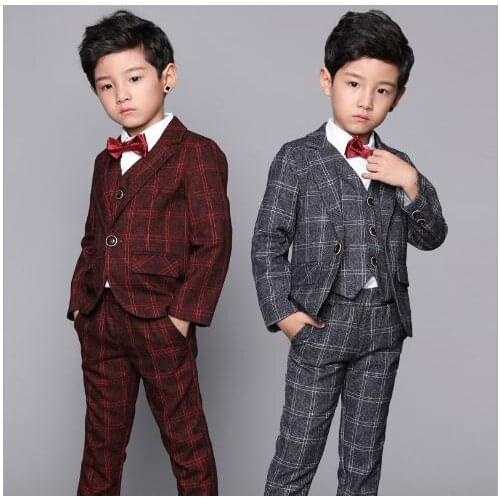 Brand gray/red suit for boy plaid boys suits for weddings costume garcon marriage boys blazer 3pcs jacket + pants + vest