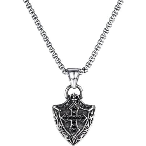 Man Punk Neck Chain Vintage Viking Stainless Steel Cross Shield Black Zircon Pendant Necklace Gothic Hip Hop Jewelry Accessories