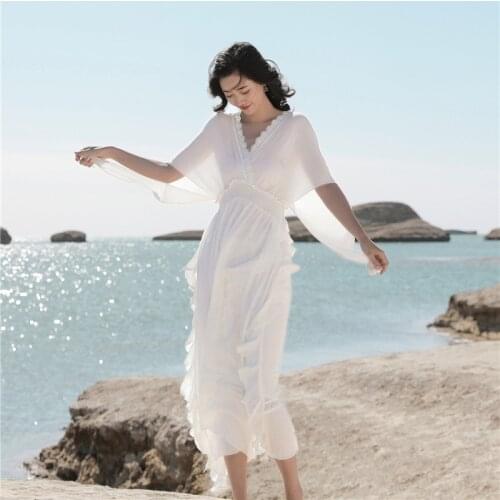 DUISNENA boho dress sexy v-neck backless women dresses high waist batwing sleeve fairy white lace chiffon robe vestidos