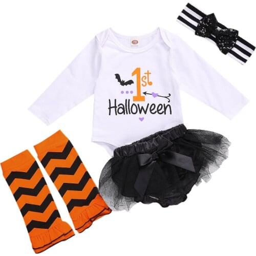 4 Pcs Baby Boys Girls Halloween Sets Print Long Sleeve O Neck Romper Tutu Veil Skirt Striped Leg Warmer Headband Baby Girls Sets