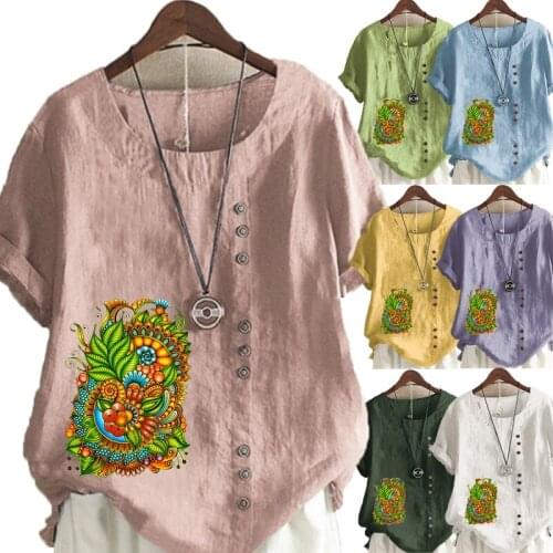 11 Colors Summer Casual Floral Printed Loose T-shirts Vintage O-Neck Plus Size Short Sleeve Blouse Tops For Women S-5XL