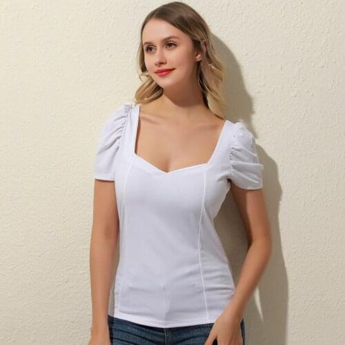 2021 Summer New T-shirt Fashion Ladies Puff Sleeve Elegant Street Top Wild Square Collar Slim Solid Color T-shirt